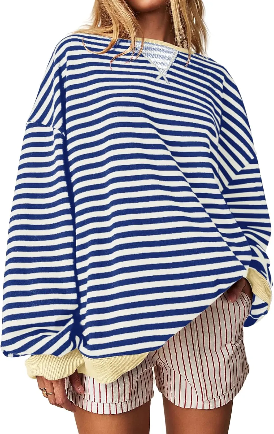 Fisoew Womens Striped Oversized Sweatshirt Color Block Crew Neck Long Sleeve Shirt Casual Loose Pullover Top Y2K Clothes