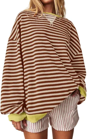 Fisoew Womens Striped Oversized Sweatshirt Color Block Crew Neck Long Sleeve Shirt Casual Loose Pullover Top Y2K Clothes