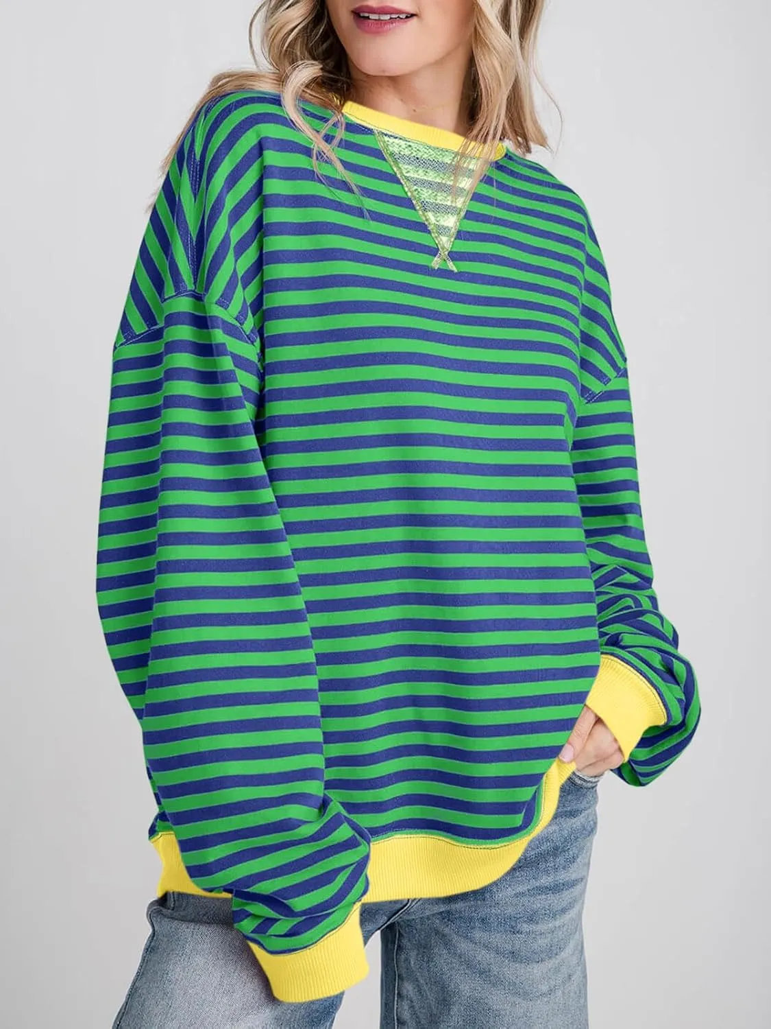 Fisoew Womens Striped Oversized Sweatshirt Color Block Crew Neck Long Sleeve Shirt Casual Loose Pullover Top Y2K Clothes