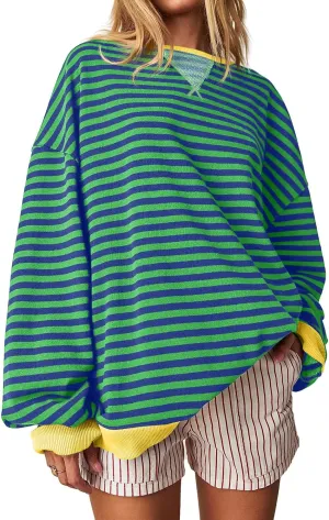 Fisoew Womens Striped Oversized Sweatshirt Color Block Crew Neck Long Sleeve Shirt Casual Loose Pullover Top Y2K Clothes