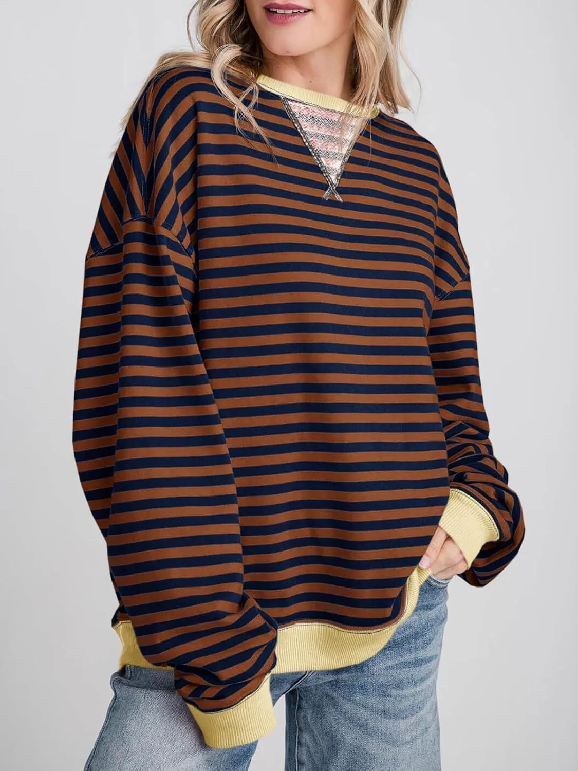 Fisoew Womens Striped Oversized Sweatshirt Color Block Crew Neck Long Sleeve Shirt Casual Loose Pullover Top Y2K Clothes