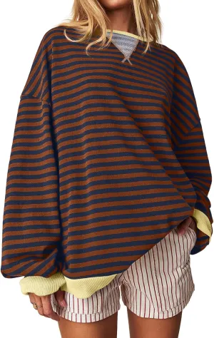 Fisoew Womens Striped Oversized Sweatshirt Color Block Crew Neck Long Sleeve Shirt Casual Loose Pullover Top Y2K Clothes