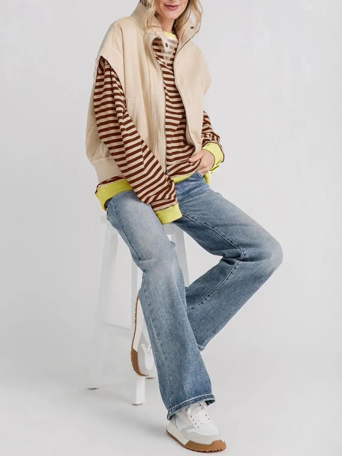 Fisoew Womens Striped Oversized Sweatshirt Color Block Crew Neck Long Sleeve Shirt Casual Loose Pullover Top Y2K Clothes