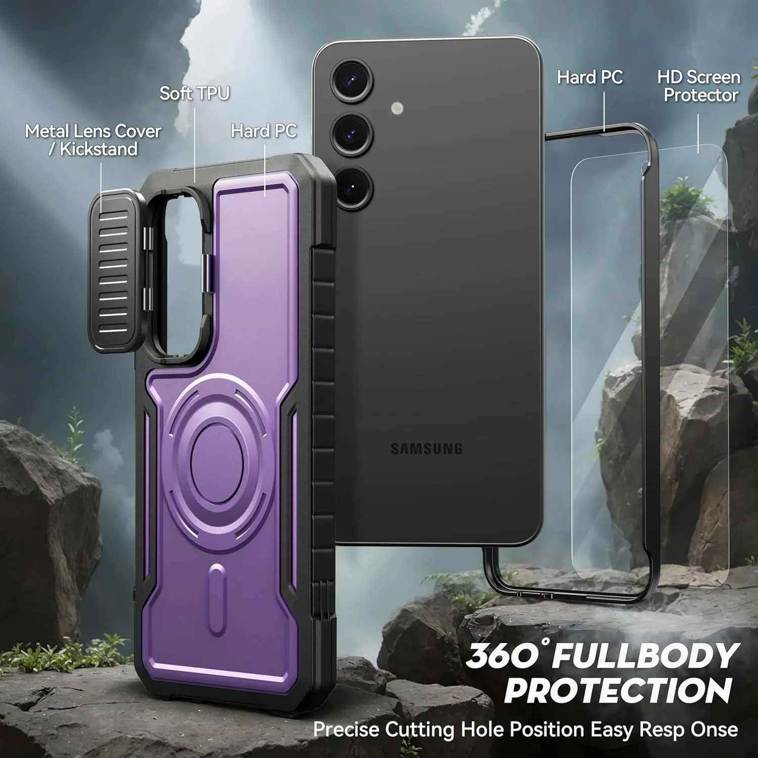 FITO for Samsung Galaxy S24 FE Case with Screen Protector, Military Grade Shockproof Phone Case with Camera Cover and Kickstand (Purple)