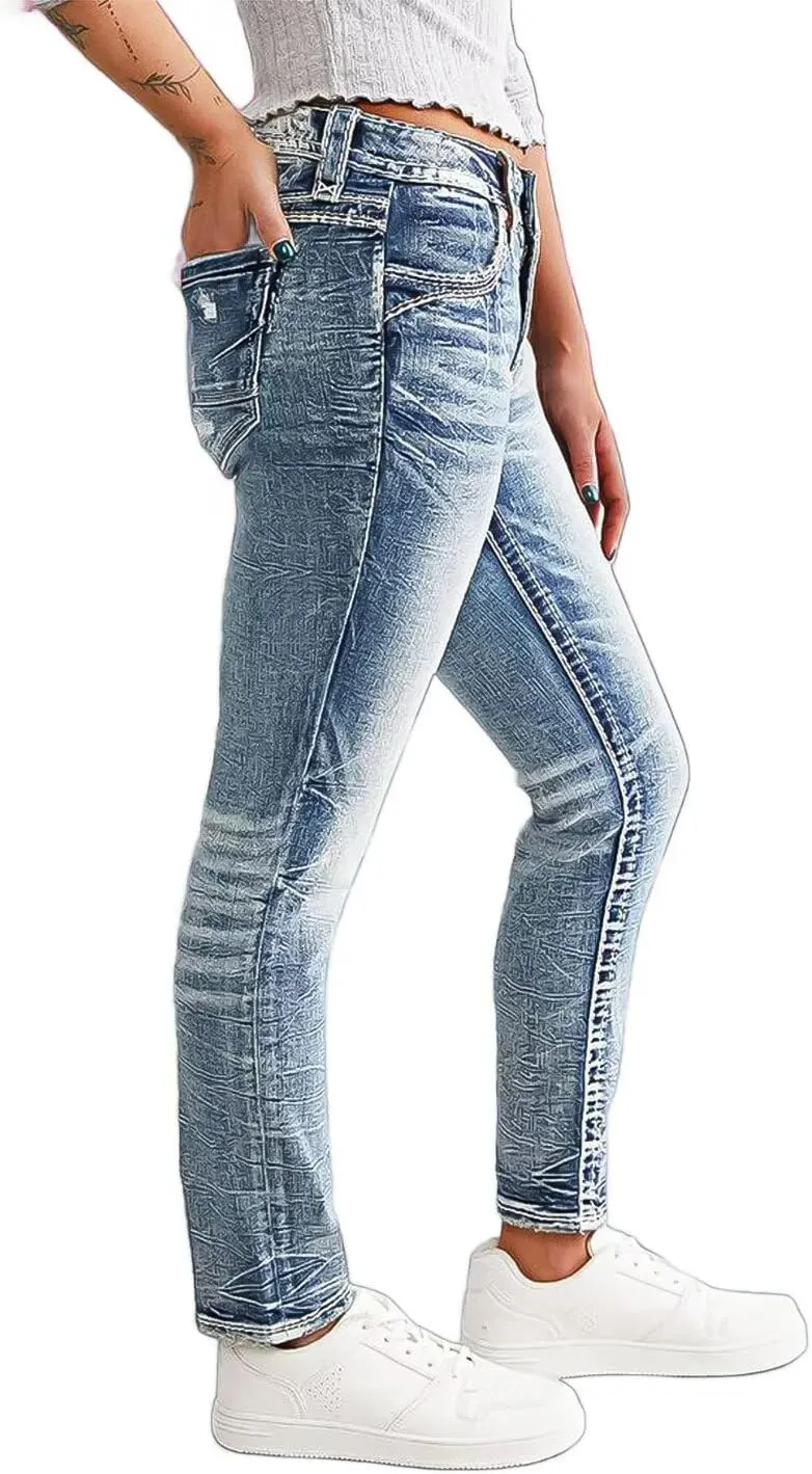 Flamingals Women's Embroidery Pocket Detail Skinny Jeans Low Waist Casual Pants