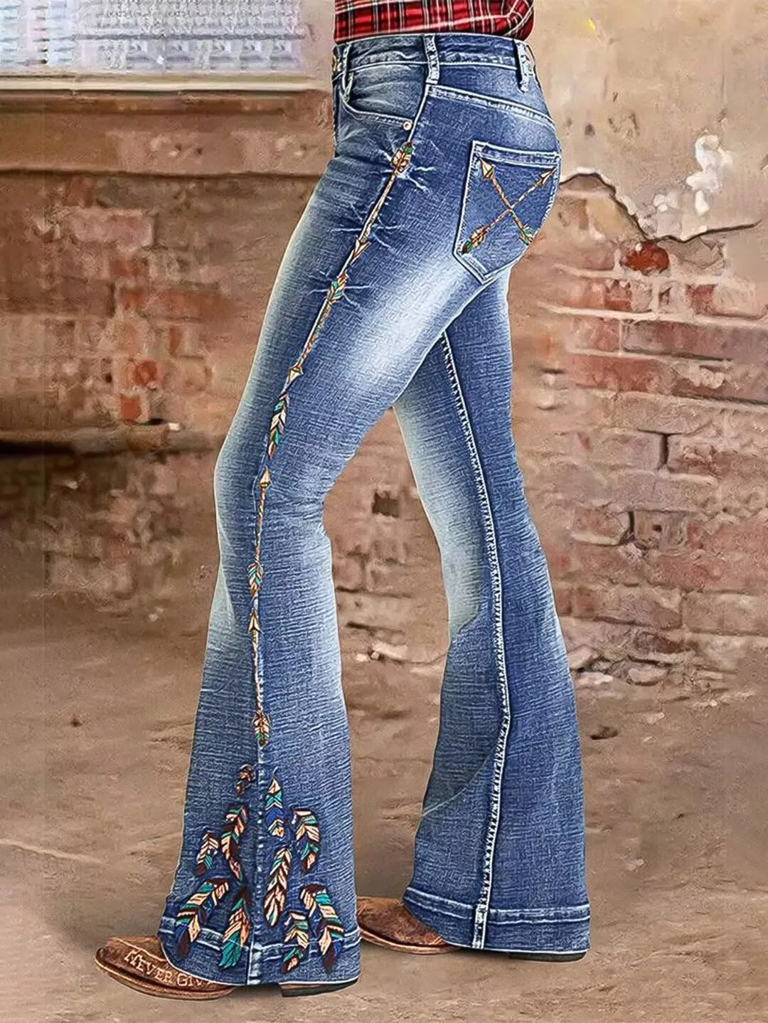 Flamingals Women's Floral Embroidery Mid Waist High Stretch Bootcut Jeans with Pockets