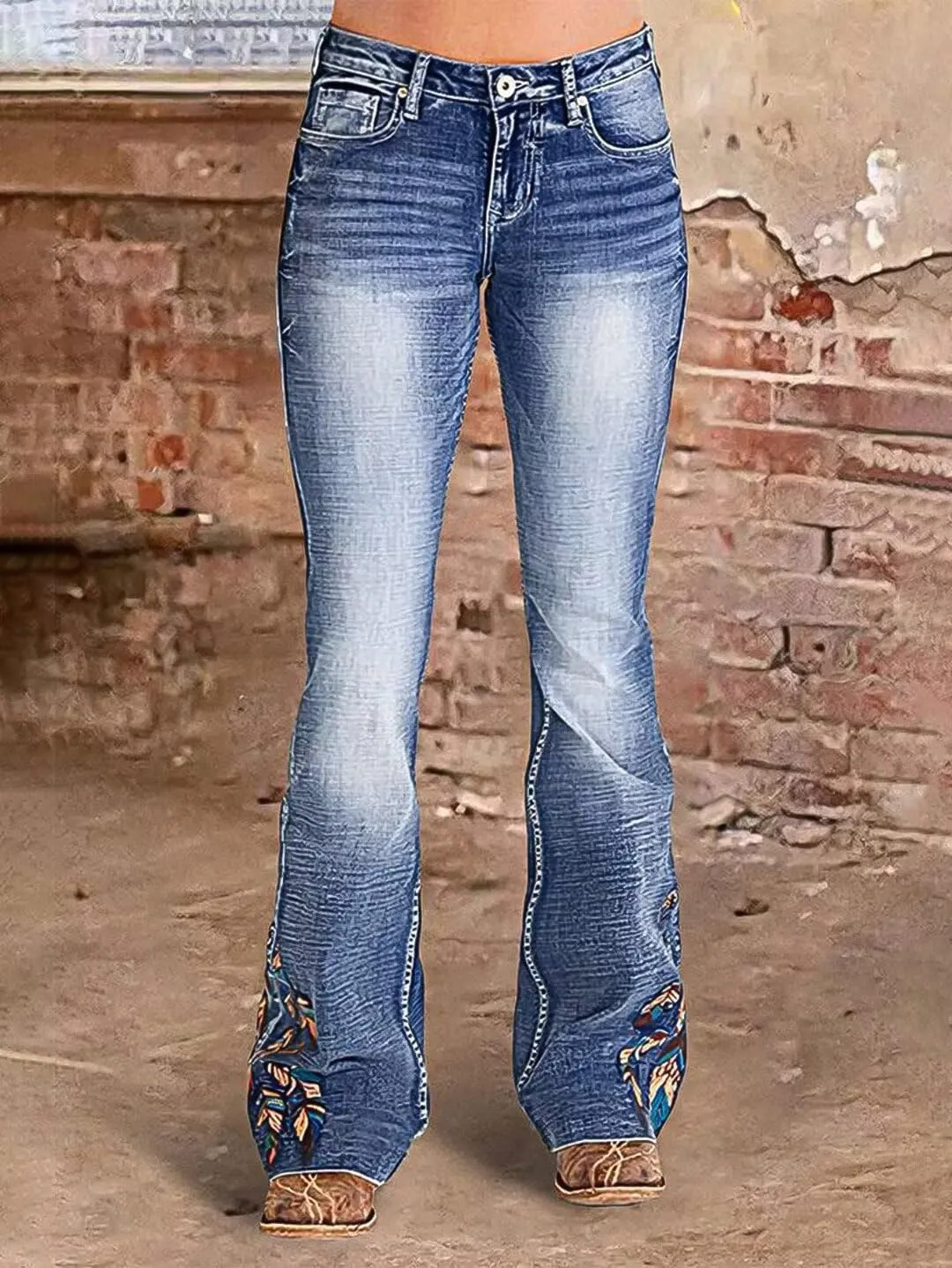 Flamingals Women's Floral Embroidery Mid Waist High Stretch Bootcut Jeans with Pockets