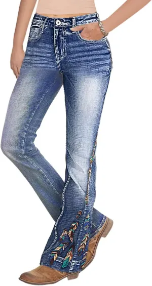 Flamingals Women's Floral Embroidery Mid Waist High Stretch Bootcut Jeans with Pockets