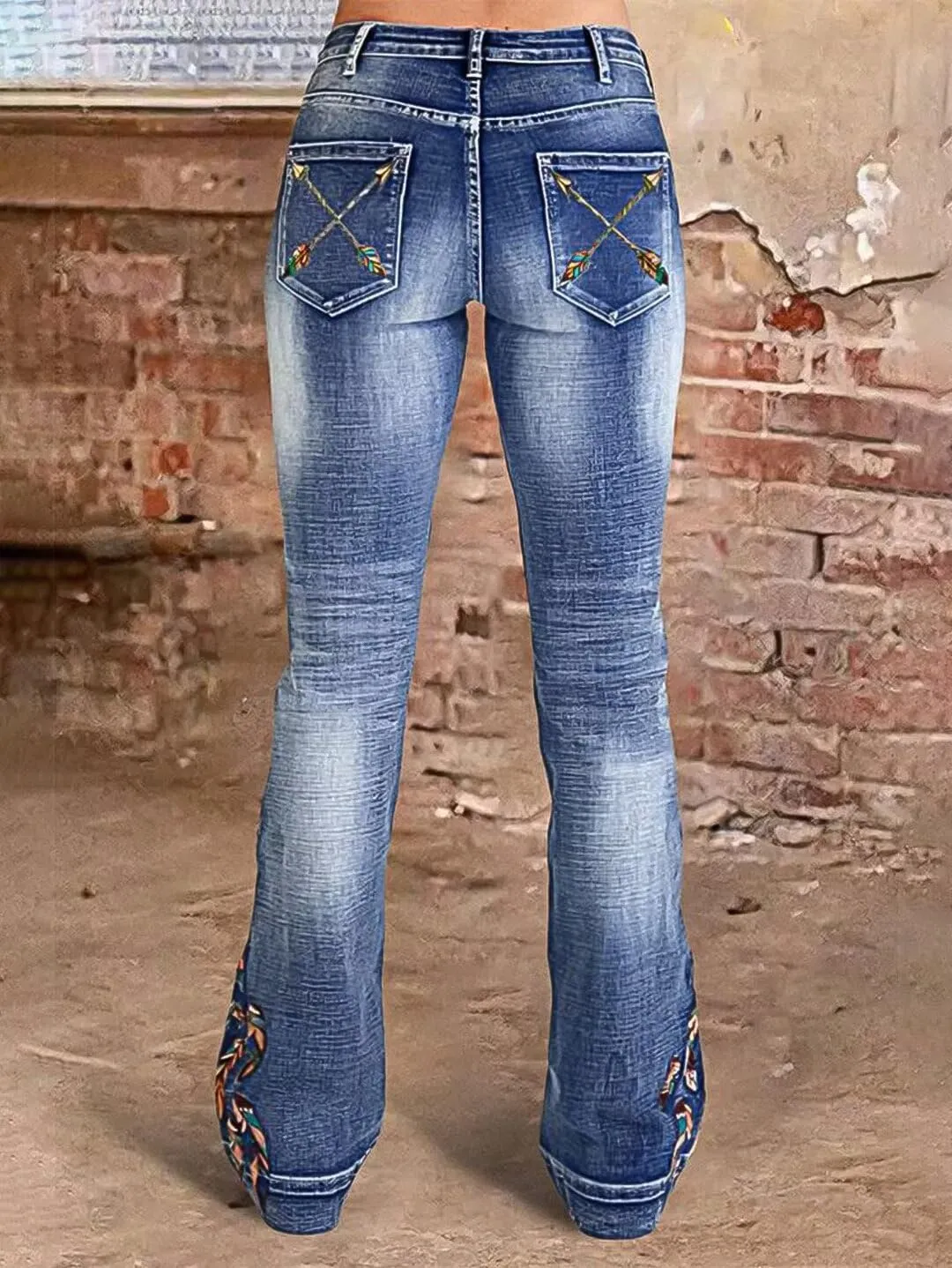Flamingals Women's Floral Embroidery Mid Waist High Stretch Bootcut Jeans with Pockets