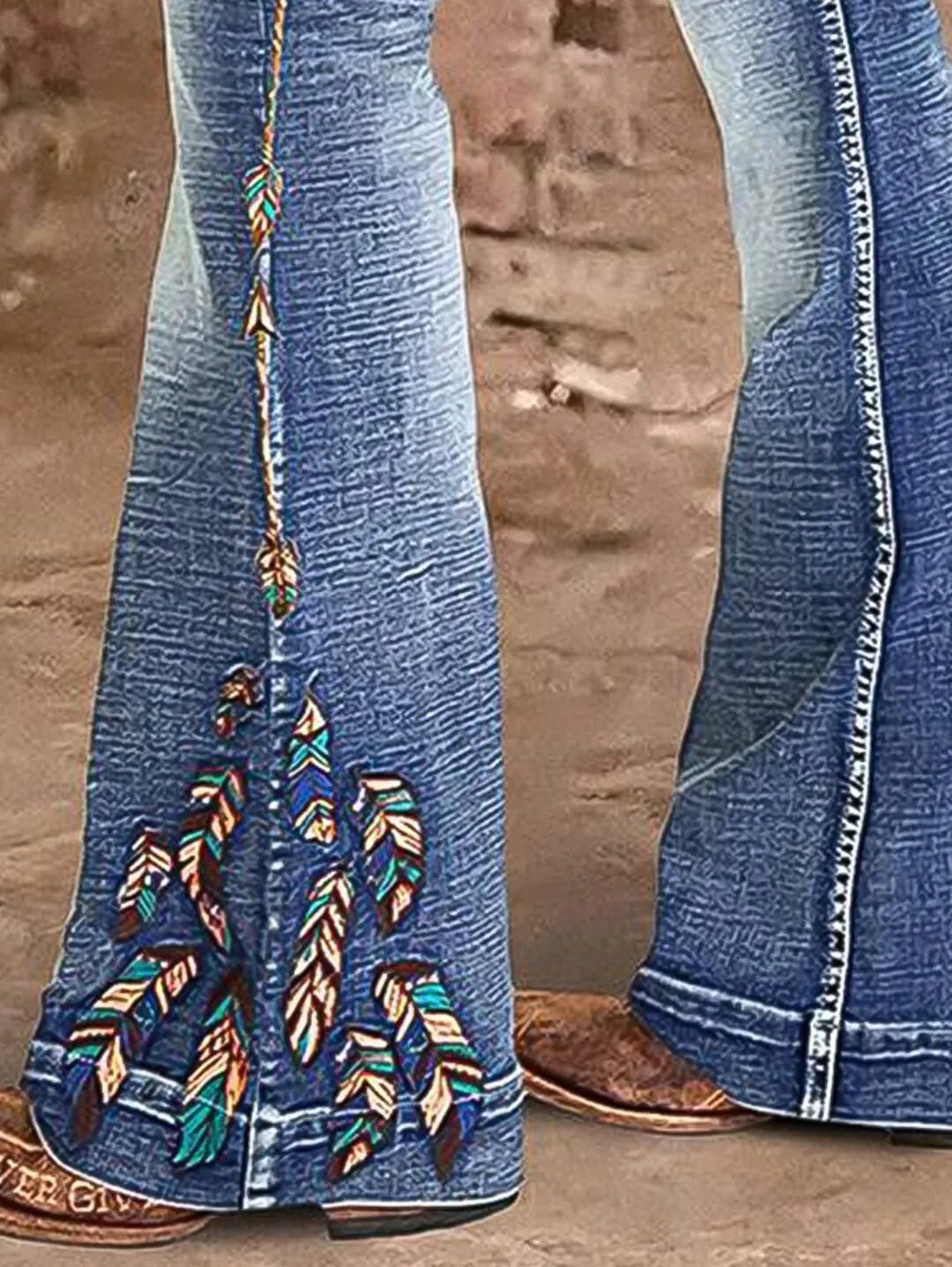 Flamingals Women's Floral Embroidery Mid Waist High Stretch Bootcut Jeans with Pockets