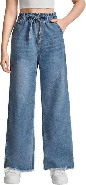 Floerns Girl's Denim Raw Hem Paperbag Waist Light Wash Slant Pocket Wide Leg Pants