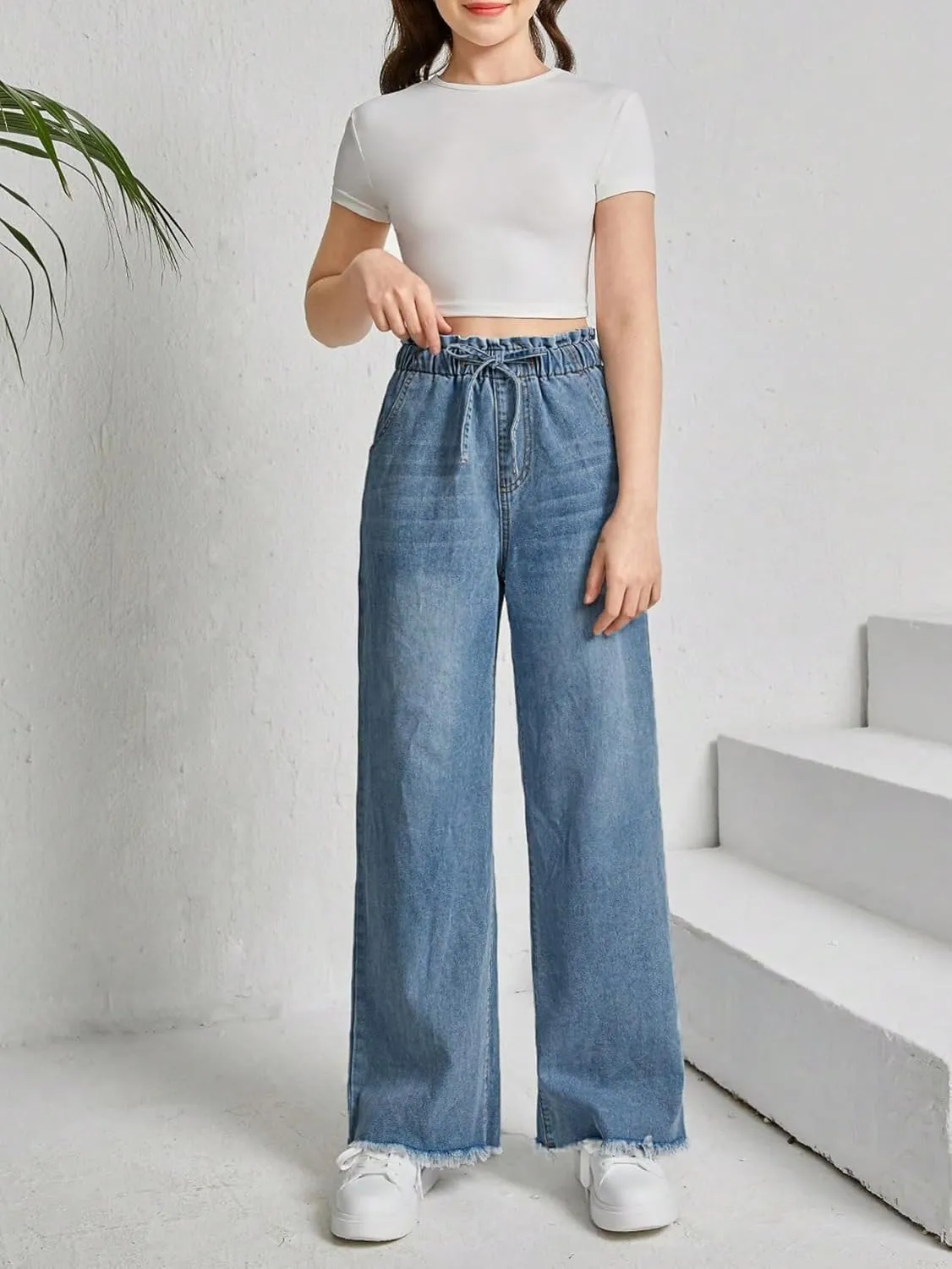 Floerns Girl's Denim Raw Hem Paperbag Waist Light Wash Slant Pocket Wide Leg Pants