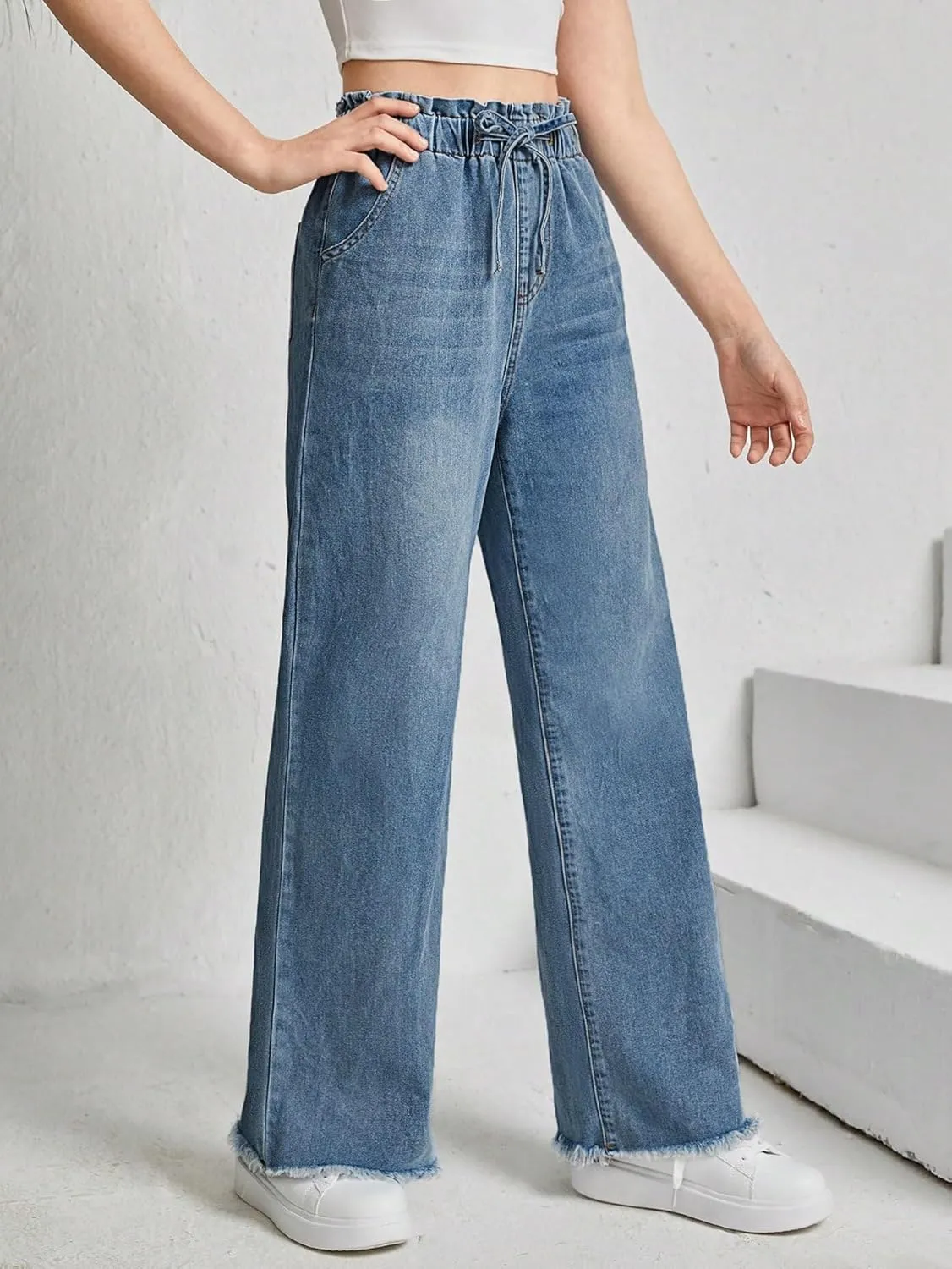 Floerns Girl's Denim Raw Hem Paperbag Waist Light Wash Slant Pocket Wide Leg Pants