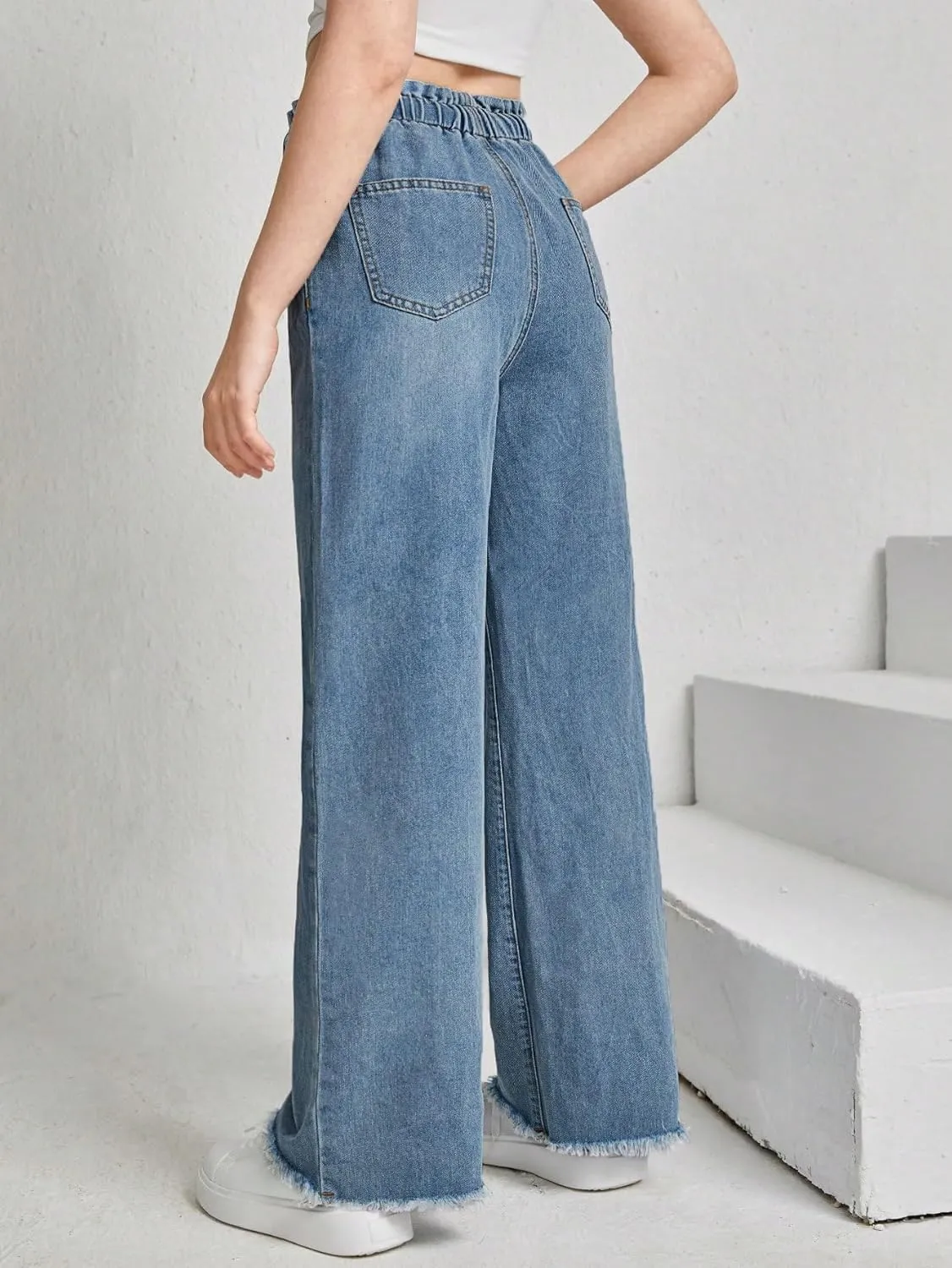 Floerns Girl's Denim Raw Hem Paperbag Waist Light Wash Slant Pocket Wide Leg Pants