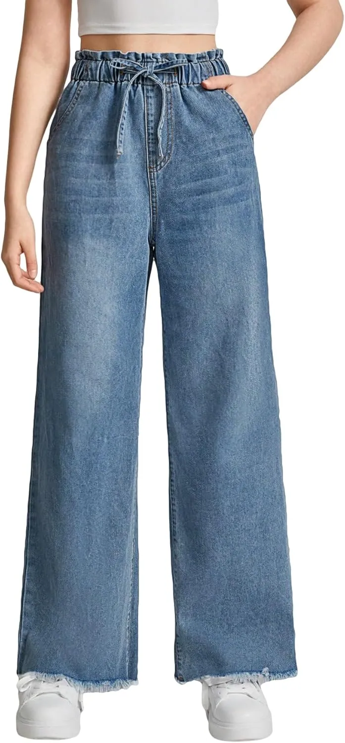 Floerns Girl's Denim Raw Hem Paperbag Waist Light Wash Slant Pocket Wide Leg Pants