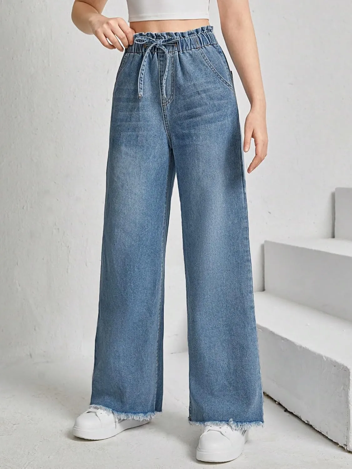 Floerns Girl's Denim Raw Hem Paperbag Waist Light Wash Slant Pocket Wide Leg Pants