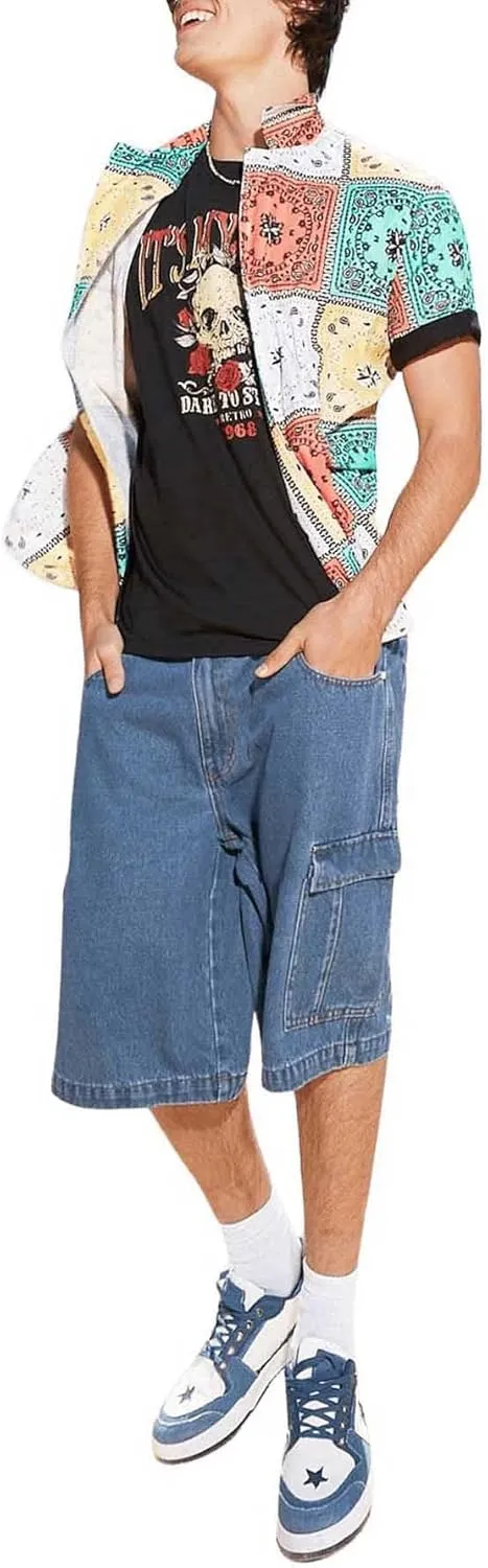 Floerns Men's Loose Hip Hop Baggy Jorts Flap Pocket Side Denim Shorts Jeans with Cargo Pockets