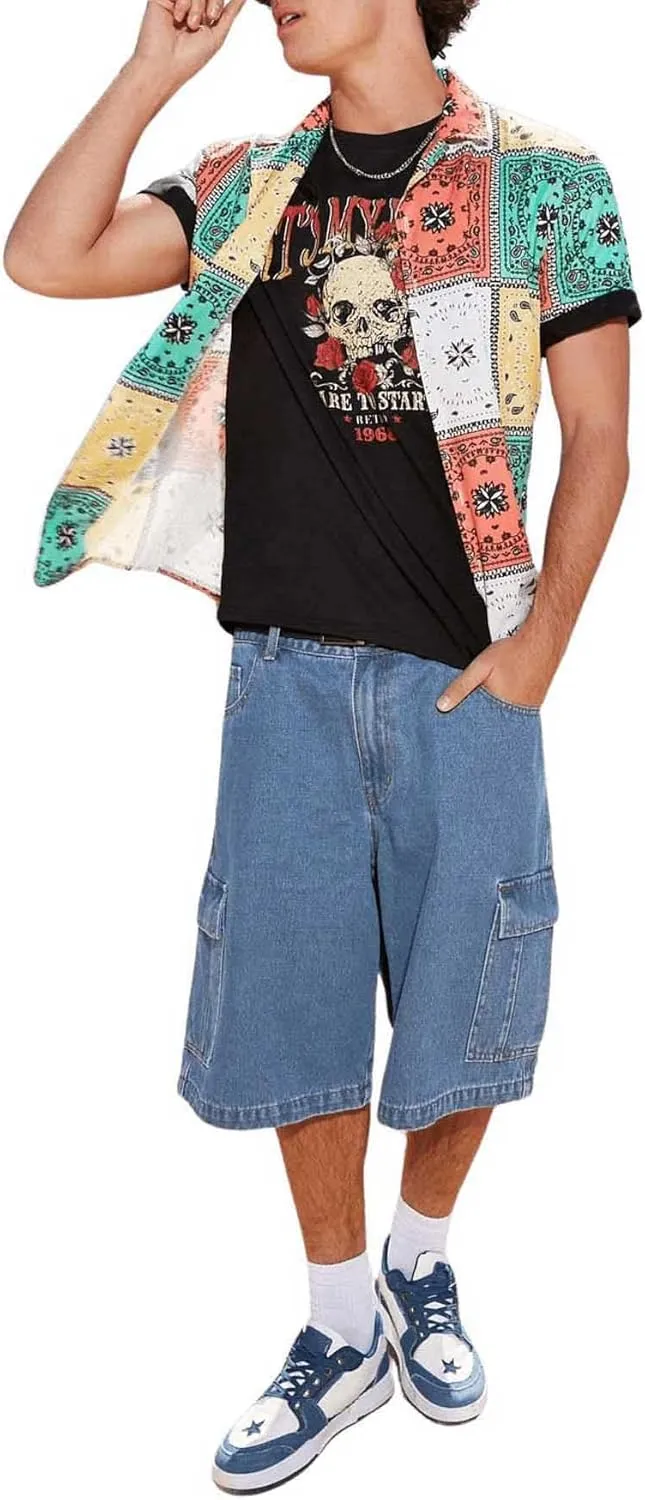 Floerns Men's Loose Hip Hop Baggy Jorts Flap Pocket Side Denim Shorts Jeans with Cargo Pockets