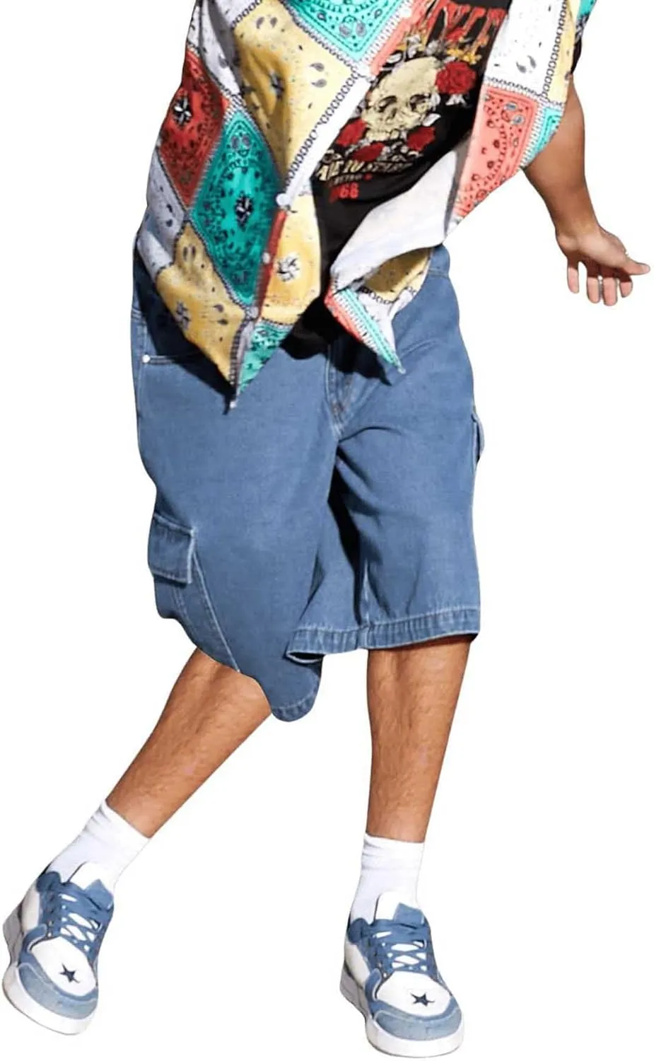 Floerns Men's Loose Hip Hop Baggy Jorts Flap Pocket Side Denim Shorts Jeans with Cargo Pockets