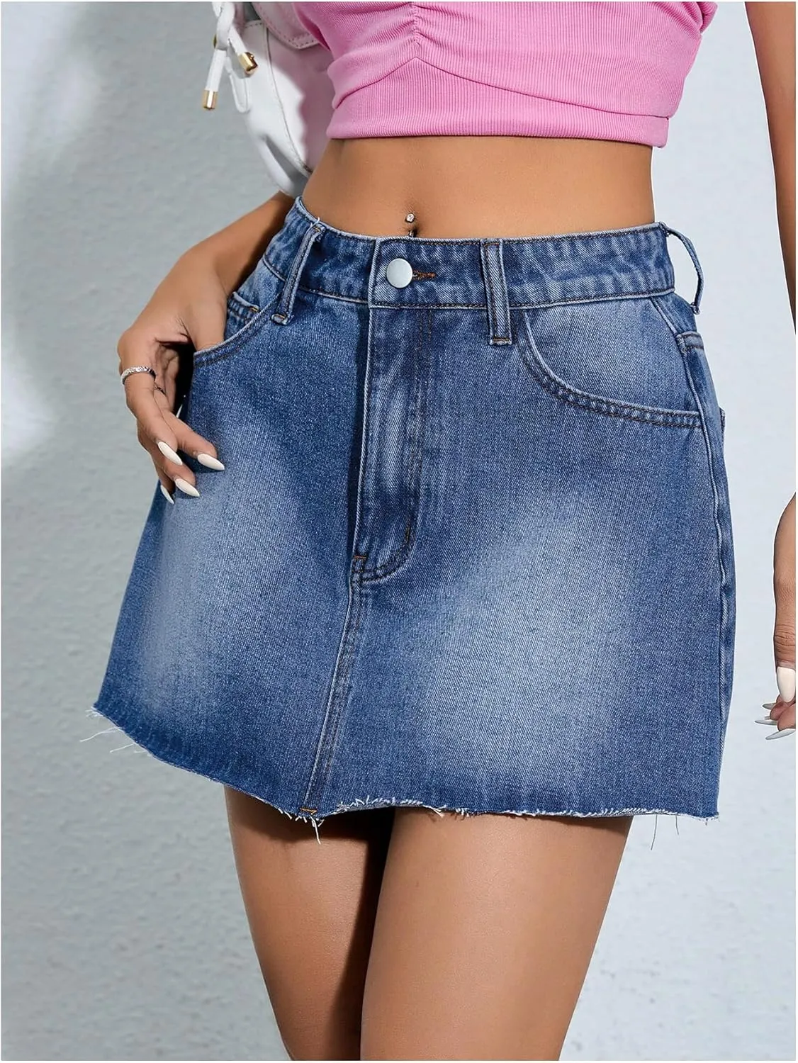 Floerns Women's Causal High Waist Raw Hem Pocket Denim Jean Short Skirt