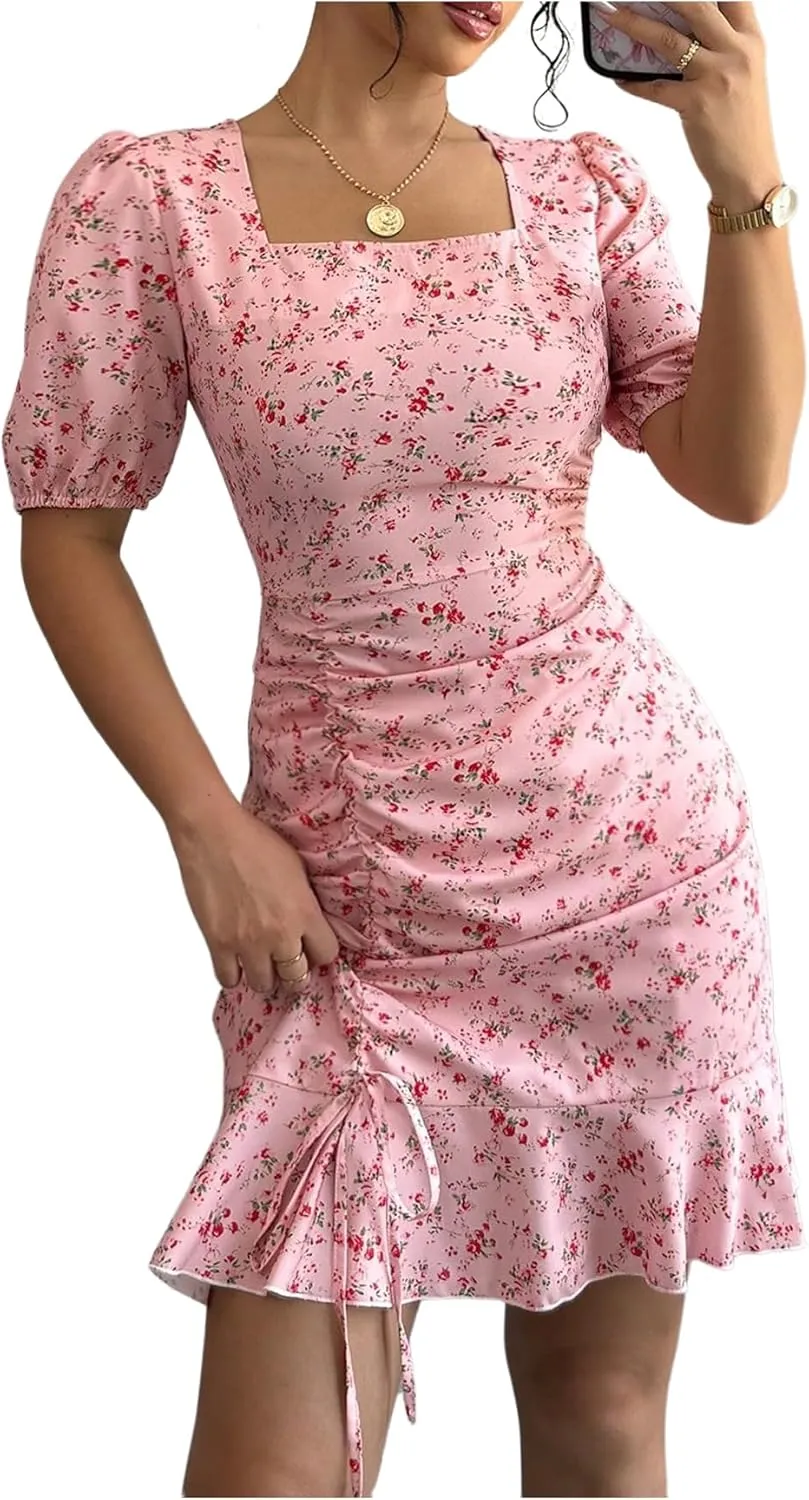 Floerns Women's Floral Square Neck Short Sleeve Boho Dress Drawstring Ruffle Hem Short Dresses