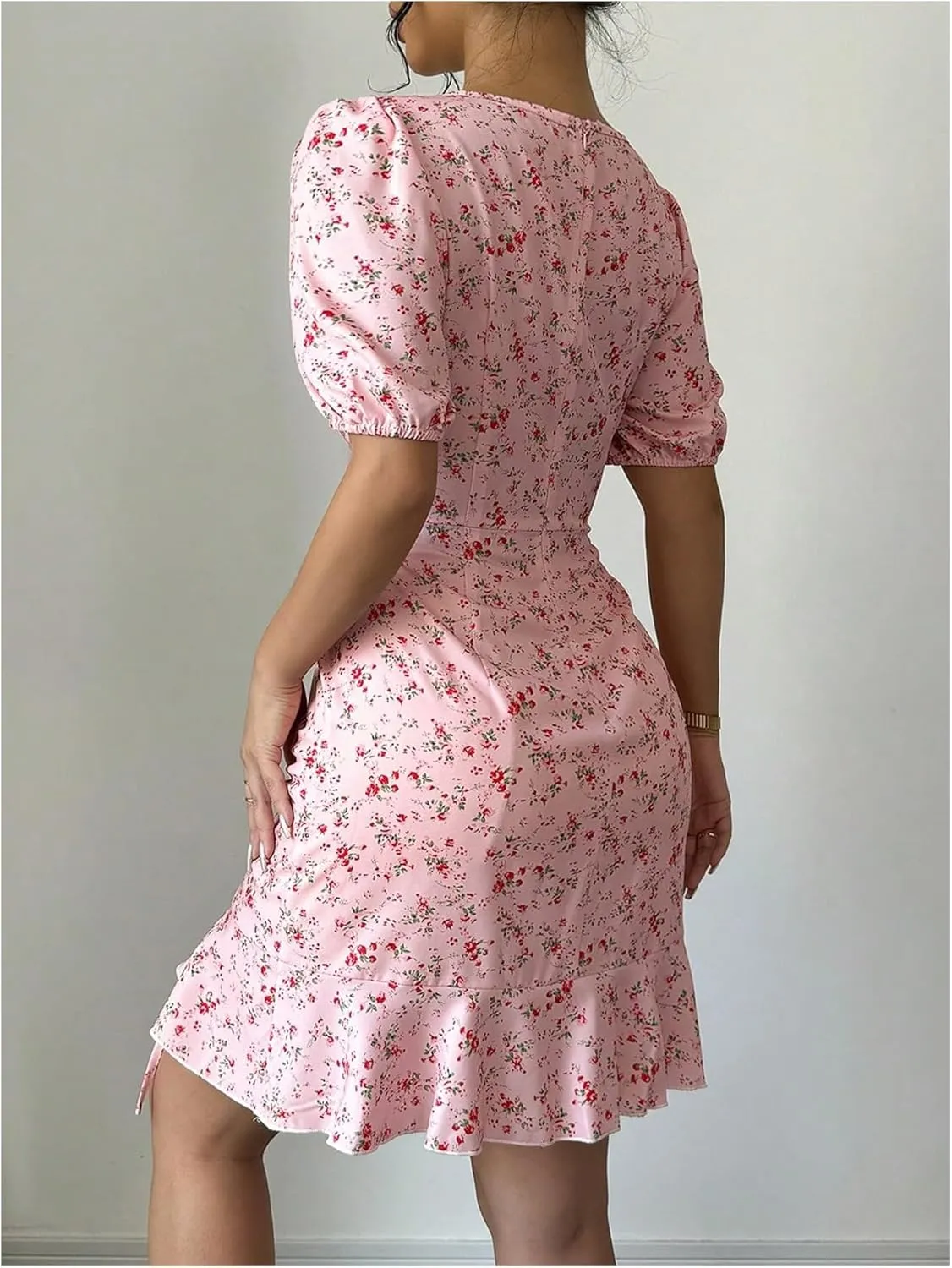 Floerns Women's Floral Square Neck Short Sleeve Boho Dress Drawstring Ruffle Hem Short Dresses