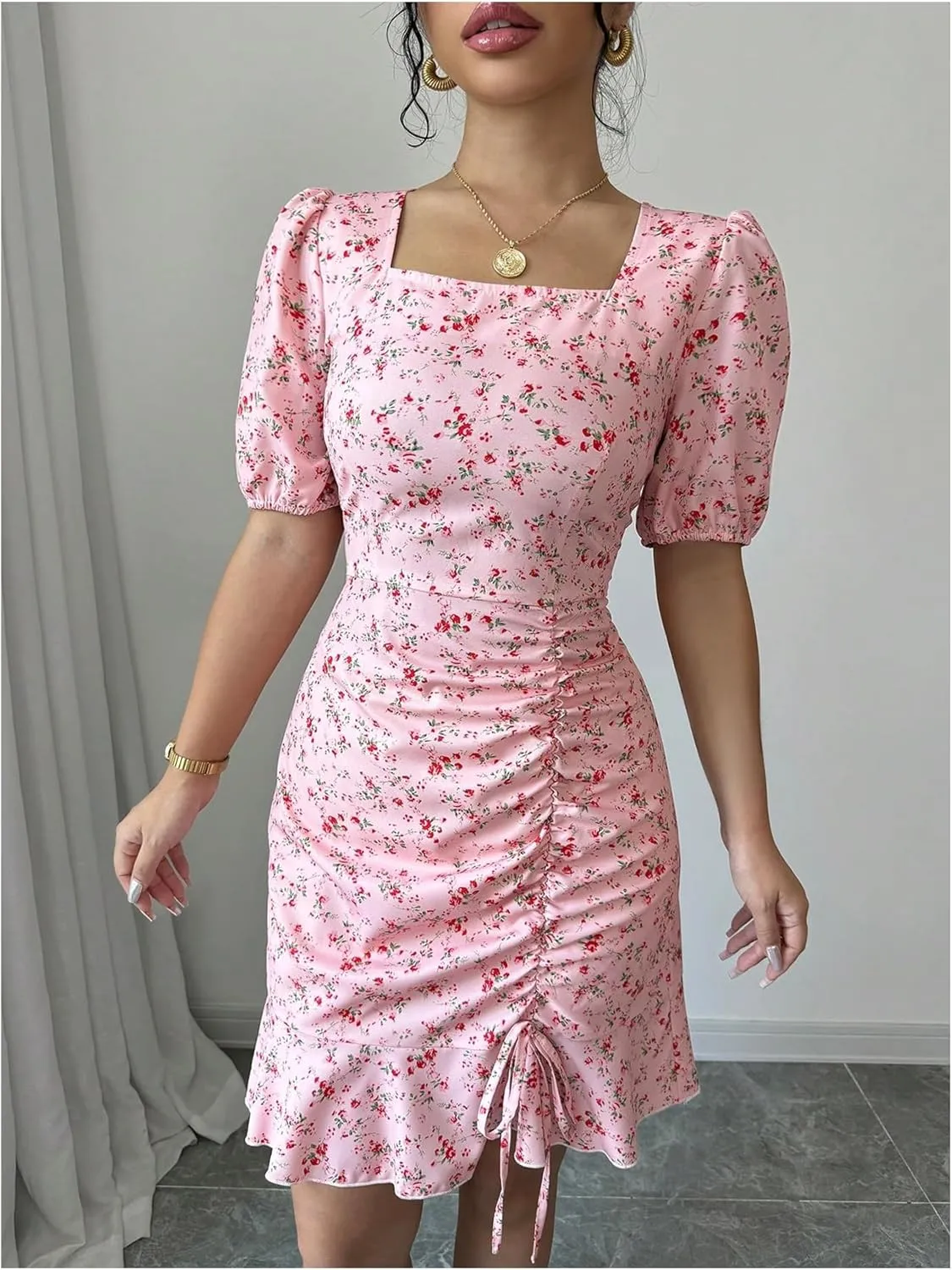 Floerns Women's Floral Square Neck Short Sleeve Boho Dress Drawstring Ruffle Hem Short Dresses