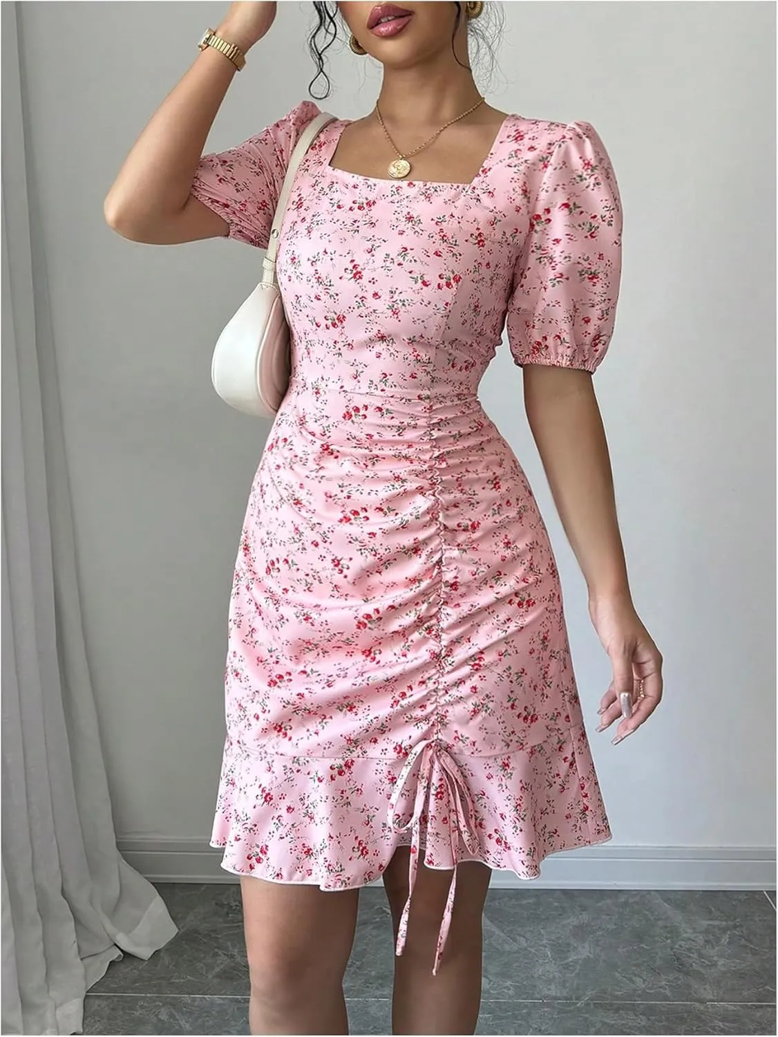 Floerns Women's Floral Square Neck Short Sleeve Boho Dress Drawstring Ruffle Hem Short Dresses