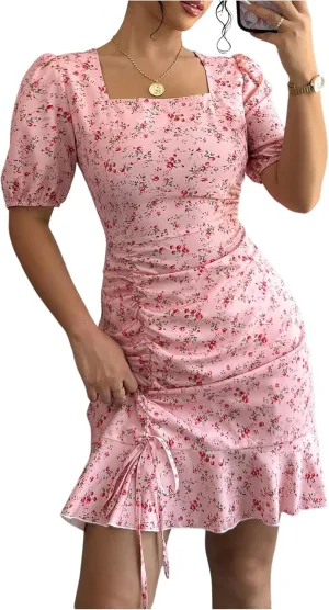 Floerns Women's Floral Square Neck Short Sleeve Boho Dress Drawstring Ruffle Hem Short Dresses