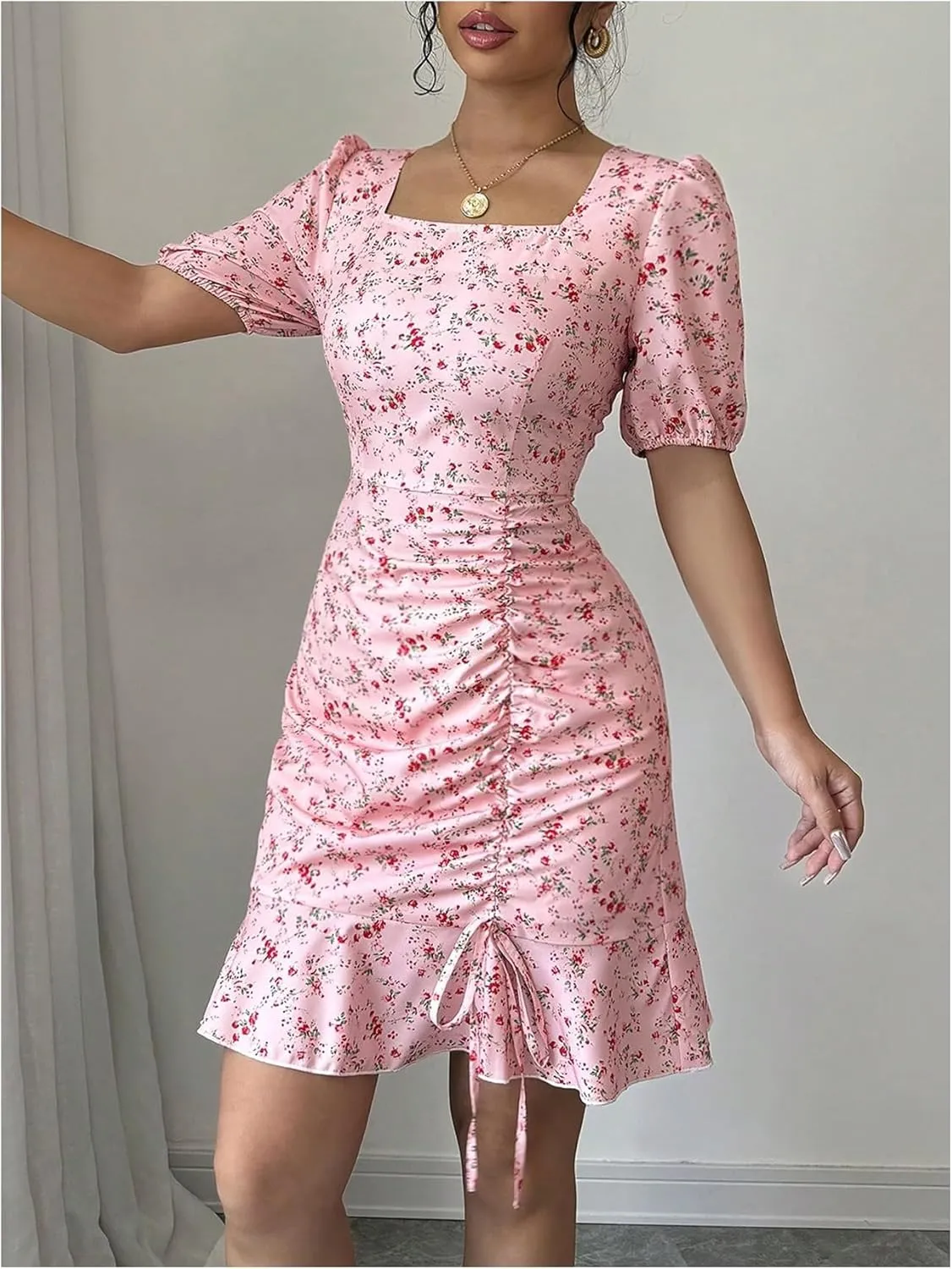 Floerns Women's Floral Square Neck Short Sleeve Boho Dress Drawstring Ruffle Hem Short Dresses