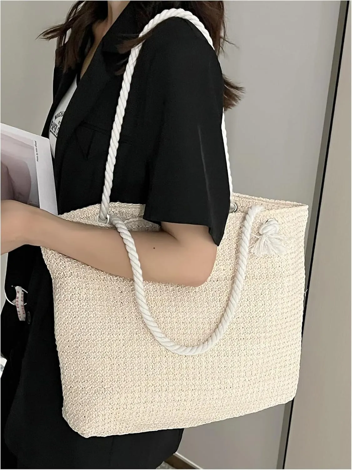Floerns Women's Straw Weave Beach Tote Bag Double Handle Travel Shoulder Bag