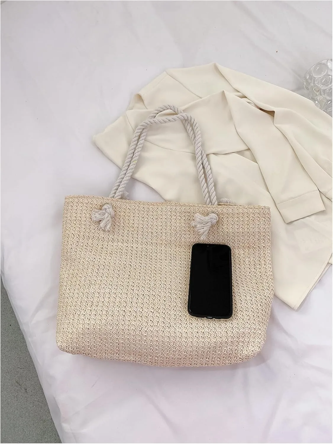 Floerns Women's Straw Weave Beach Tote Bag Double Handle Travel Shoulder Bag