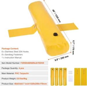 Flood Barrier, Sandbag Alternative, Home Water Barrier, for Home,Doorways, Driveways,48 x 9.8 x 6.7 inches, 4-Pack, PVC Tarpaulin, Yellow