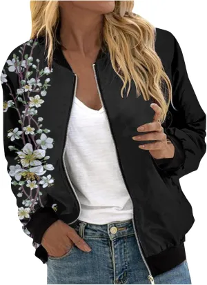 Floral Print Jackets for Women Fall Fashion 2024 Zip Up Y2K Coat Long Sleeve Stand Collar Lightweight
