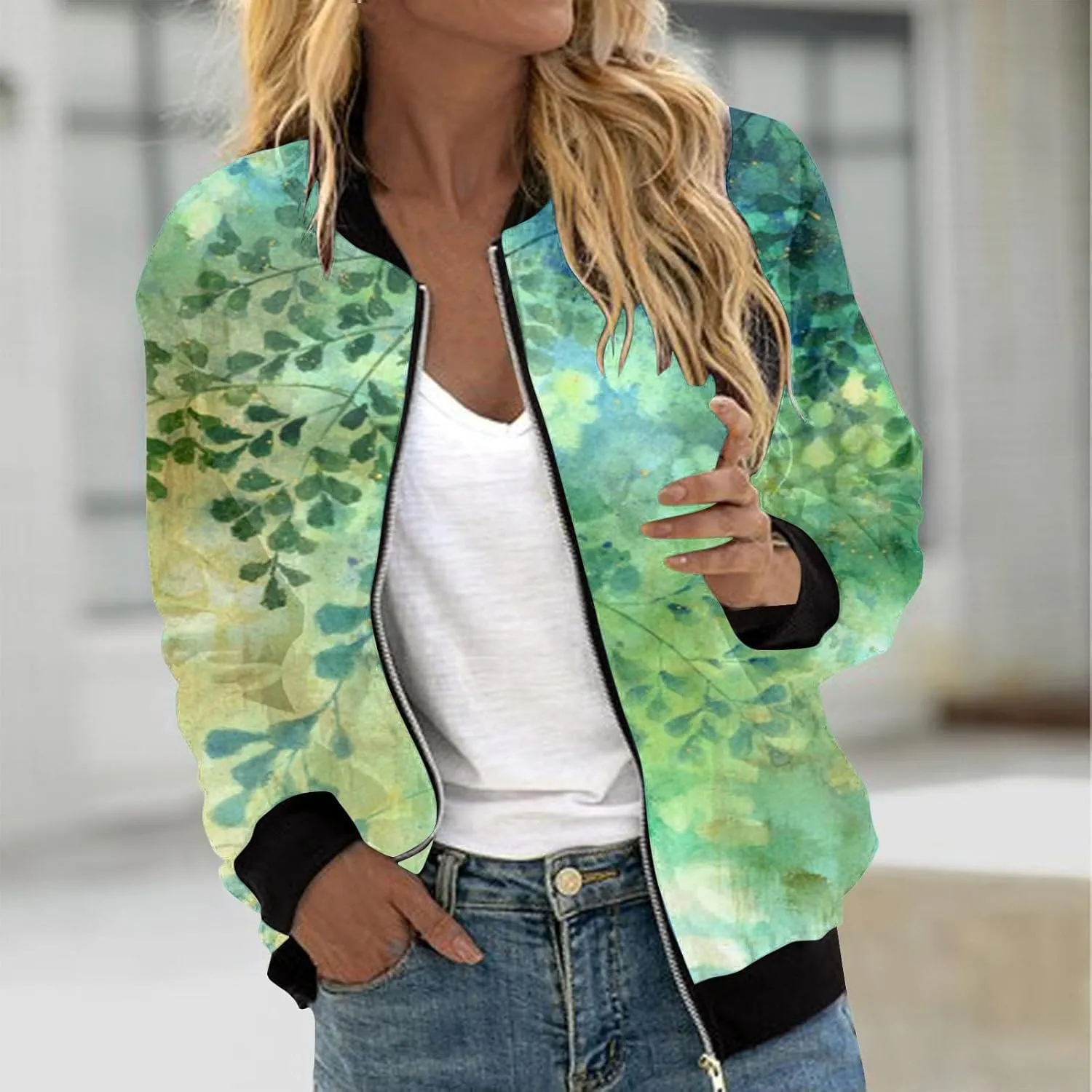 Floral Print Jackets for Women Fall Fashion 2024 Zip Up Y2K Coat Long Sleeve Stand Collar Lightweight
