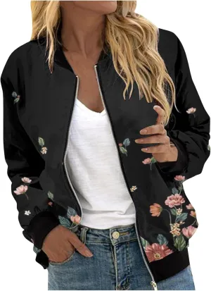 Floral Print Jackets for Women Fall Fashion 2024 Zip Up Y2K Coat Long Sleeve Stand Collar Lightweight