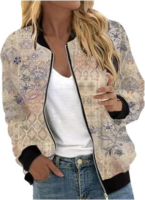 Floral Print Jackets for Women Fall Fashion 2024 Zip Up Y2K Coat Long Sleeve Stand Collar Lightweight