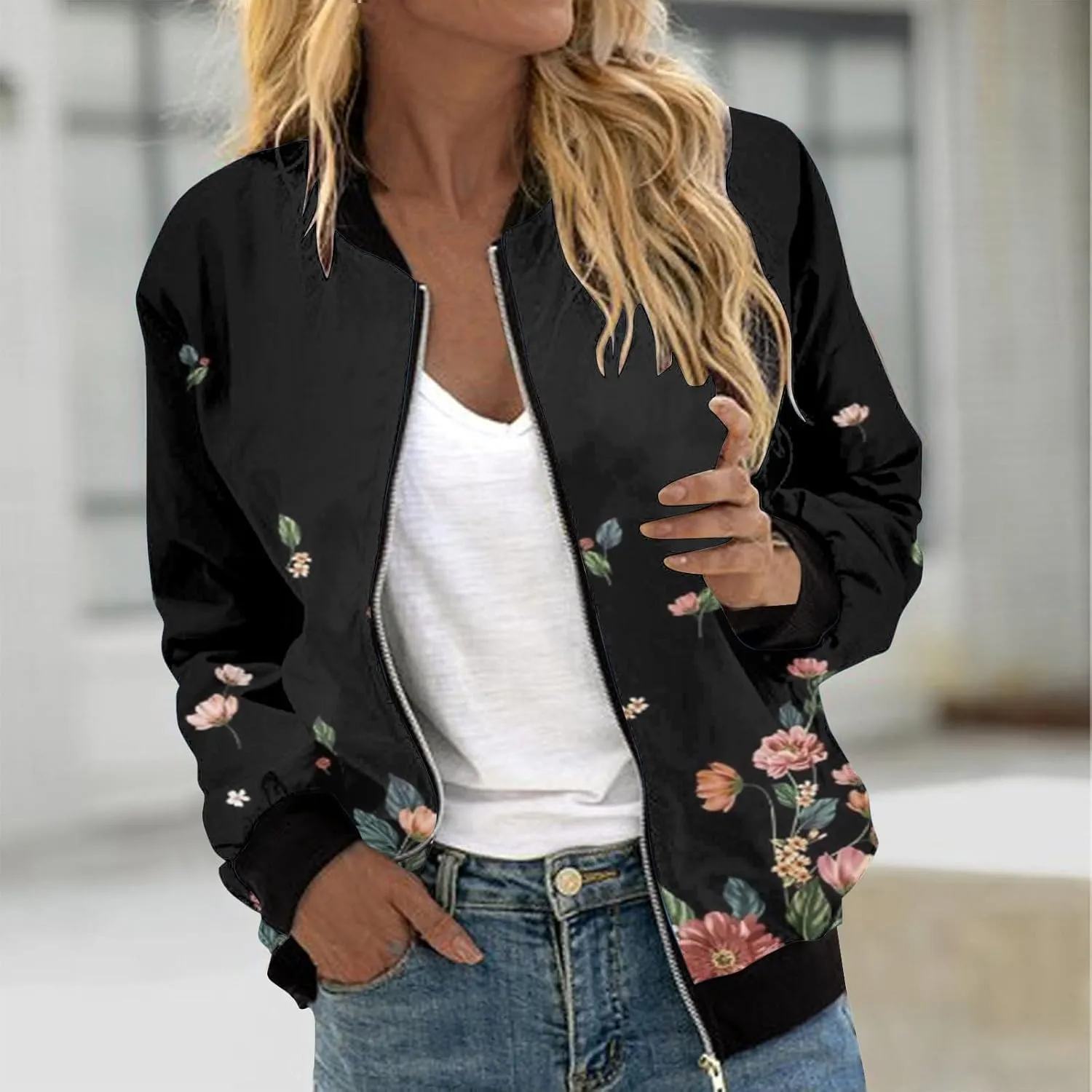 Floral Print Jackets for Women Fall Fashion 2024 Zip Up Y2K Coat Long Sleeve Stand Collar Lightweight