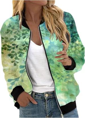 Floral Print Jackets for Women Fall Fashion 2024 Zip Up Y2K Coat Long Sleeve Stand Collar Lightweight