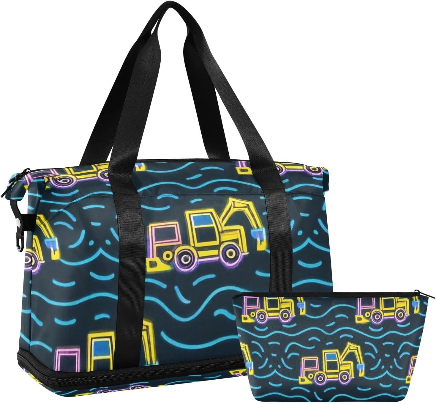 Fluorescent Engineering Vehicle Colorful Travel Duffel Bag Overnight Bag with Adjustable Strap for Hiking 2 Pcs Set