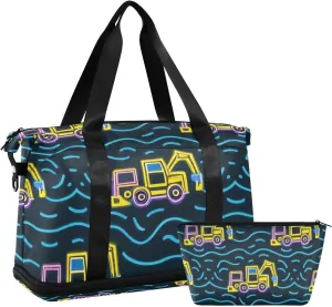 Fluorescent Engineering Vehicle Colorful Travel Duffel Bag Overnight Bag with Adjustable Strap for Hiking 2 Pcs Set