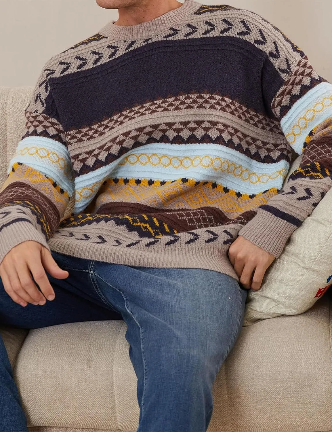 Flygo Men's Vintage Grandpa Sweater Crewneck Oversized Striped Aztec Cable Knit Pullover Unisex Jumper Tops