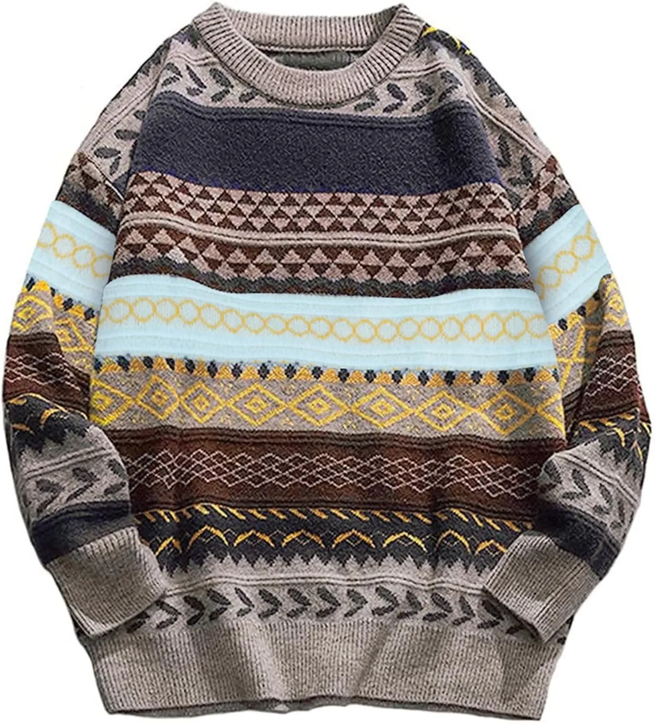 Flygo Men's Vintage Grandpa Sweater Crewneck Oversized Striped Aztec Cable Knit Pullover Unisex Jumper Tops