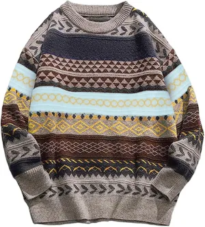 Flygo Men's Vintage Grandpa Sweater Crewneck Oversized Striped Aztec Cable Knit Pullover Unisex Jumper Tops