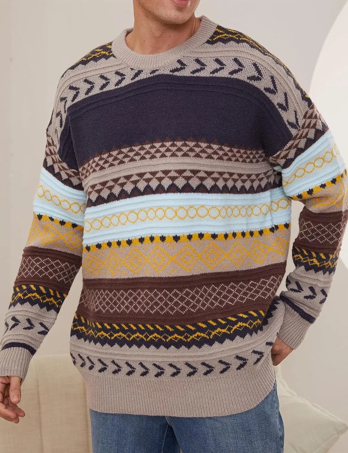 Flygo Men's Vintage Grandpa Sweater Crewneck Oversized Striped Aztec Cable Knit Pullover Unisex Jumper Tops