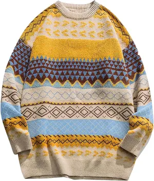 Flygo Men's Vintage Grandpa Sweater Crewneck Oversized Striped Aztec Cable Knit Pullover Unisex Jumper Tops