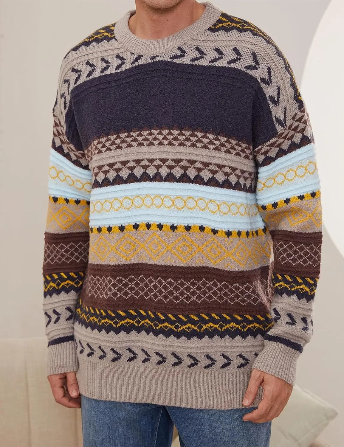 Flygo Men's Vintage Grandpa Sweater Crewneck Oversized Striped Aztec Cable Knit Pullover Unisex Jumper Tops