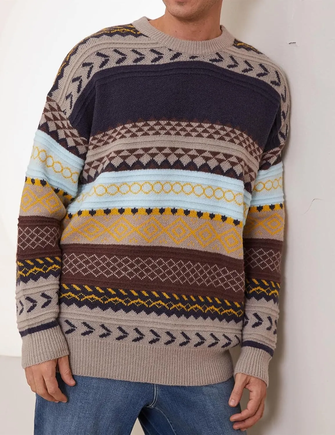 Flygo Men's Vintage Grandpa Sweater Crewneck Oversized Striped Aztec Cable Knit Pullover Unisex Jumper Tops