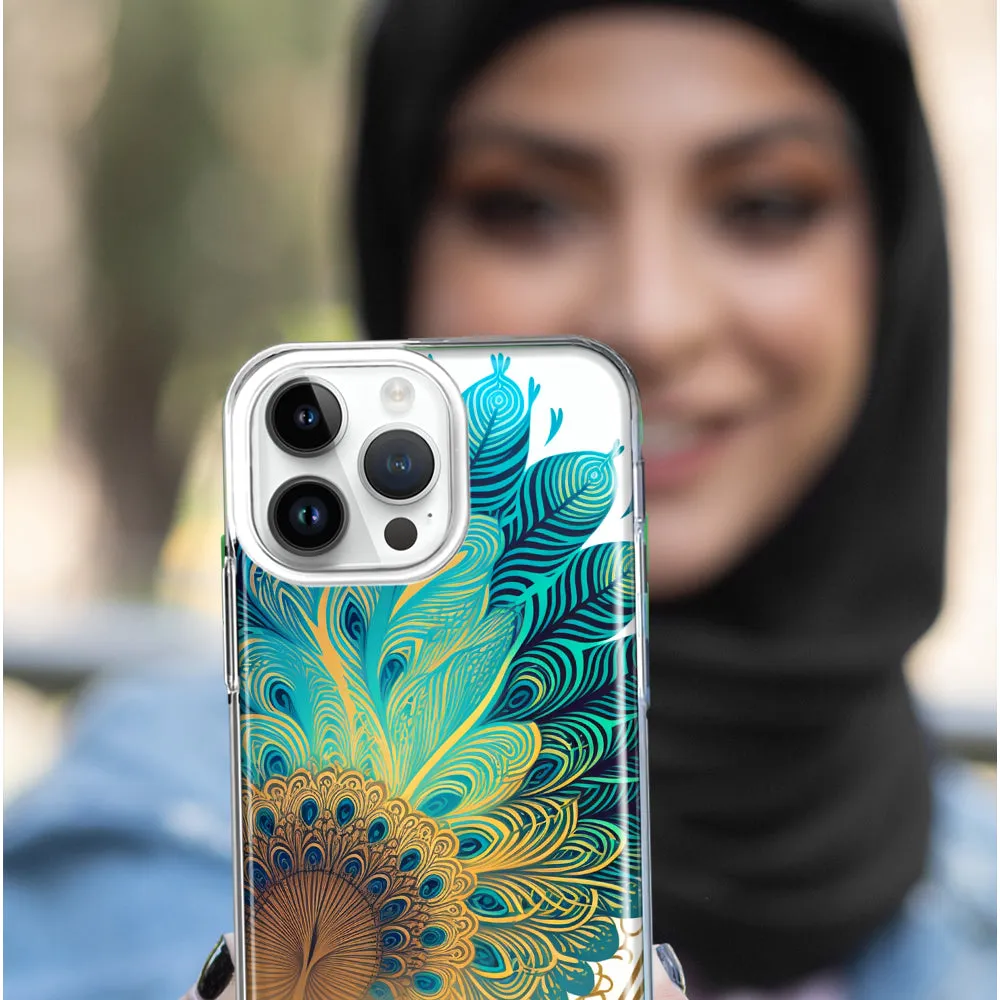 For Apple iPhone 14 Pro Max Mandala Geometry Abstract Peacock Feather Pattern Design Hybrid Protective Phone Case Cover