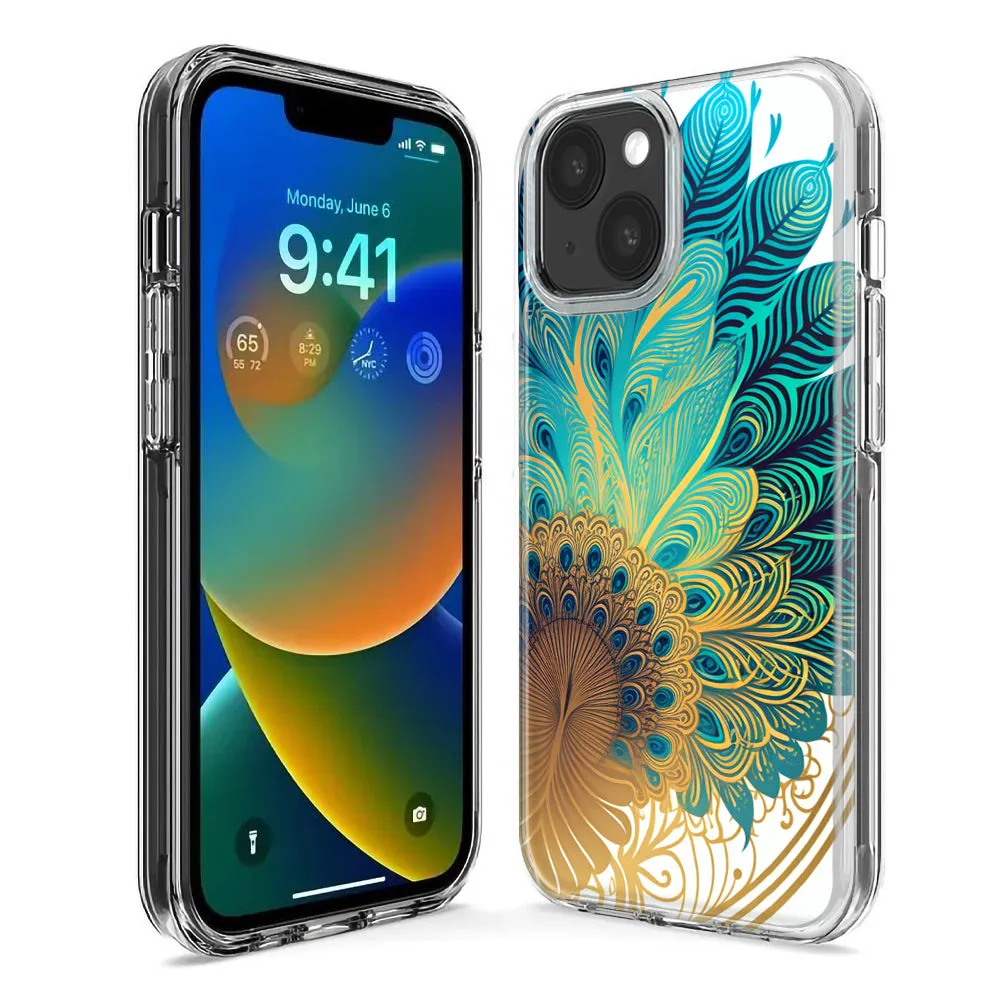 For Apple iPhone 14 Pro Max Mandala Geometry Abstract Peacock Feather Pattern Design Hybrid Protective Phone Case Cover